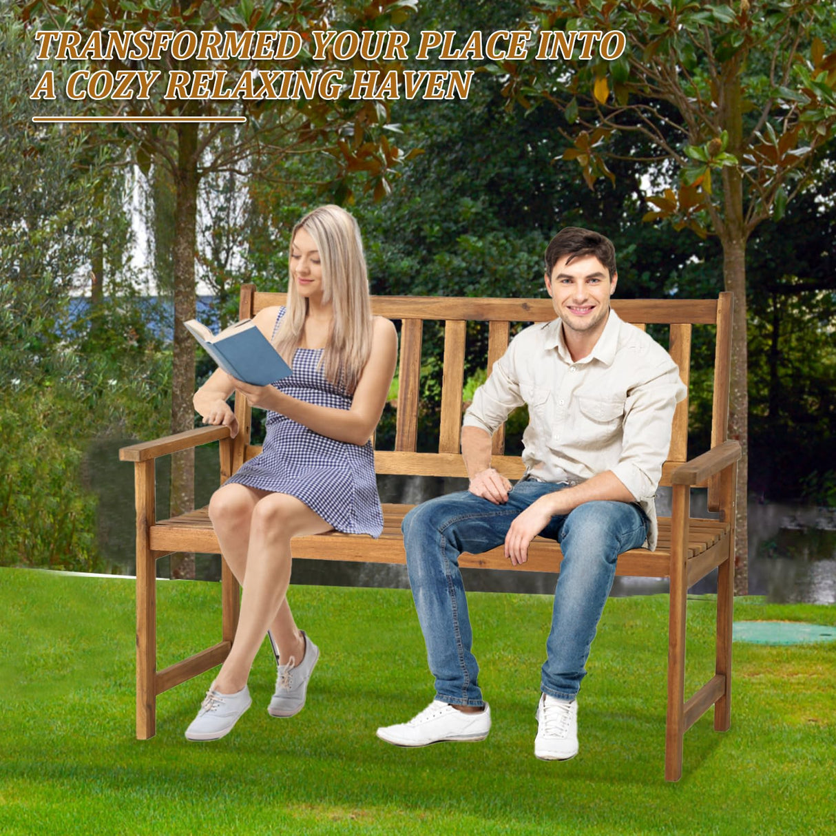 Yewuli 2-Person Outdoor Acacia Wood Bench with Backrest and Armrests Yewuli