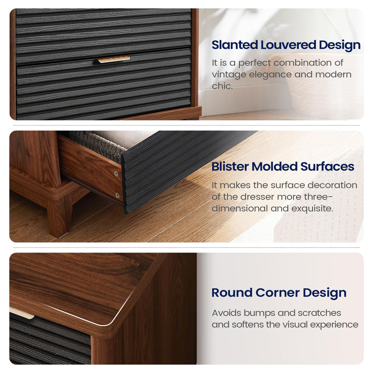 AOGLLATI Black Dresser for Bedroom with Slanted Louvre Design,Retro Chest of Drawers with Charging Station, Wooden Wide Led 6 Drawer Dresser for Bedroom,Living Room, Hallway, Black & Brown AOGLLATI