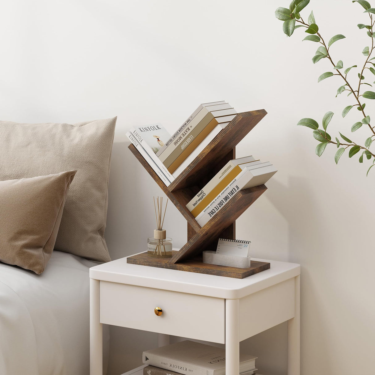 Tajsoon Tree Bookshelf 3 Tier Book Storage Organizer Shelves, Desktop Bookshelf Floor Standing Bookcase Display for CDs/Magazine/Books, Small Bookshelf for Bedroom, Living Room Office, Rustic Brown Tajsoon