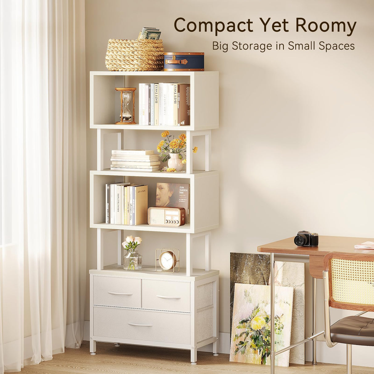 Casaottima 7 Tier Bookshelf, Tall Geometric Bookcase with Fabric Drawers, Modern Display Book Shelves Book Case for Living Room Bedroom, Wood Decorative Standing Shelving Unit for Home Office, White Casaottima