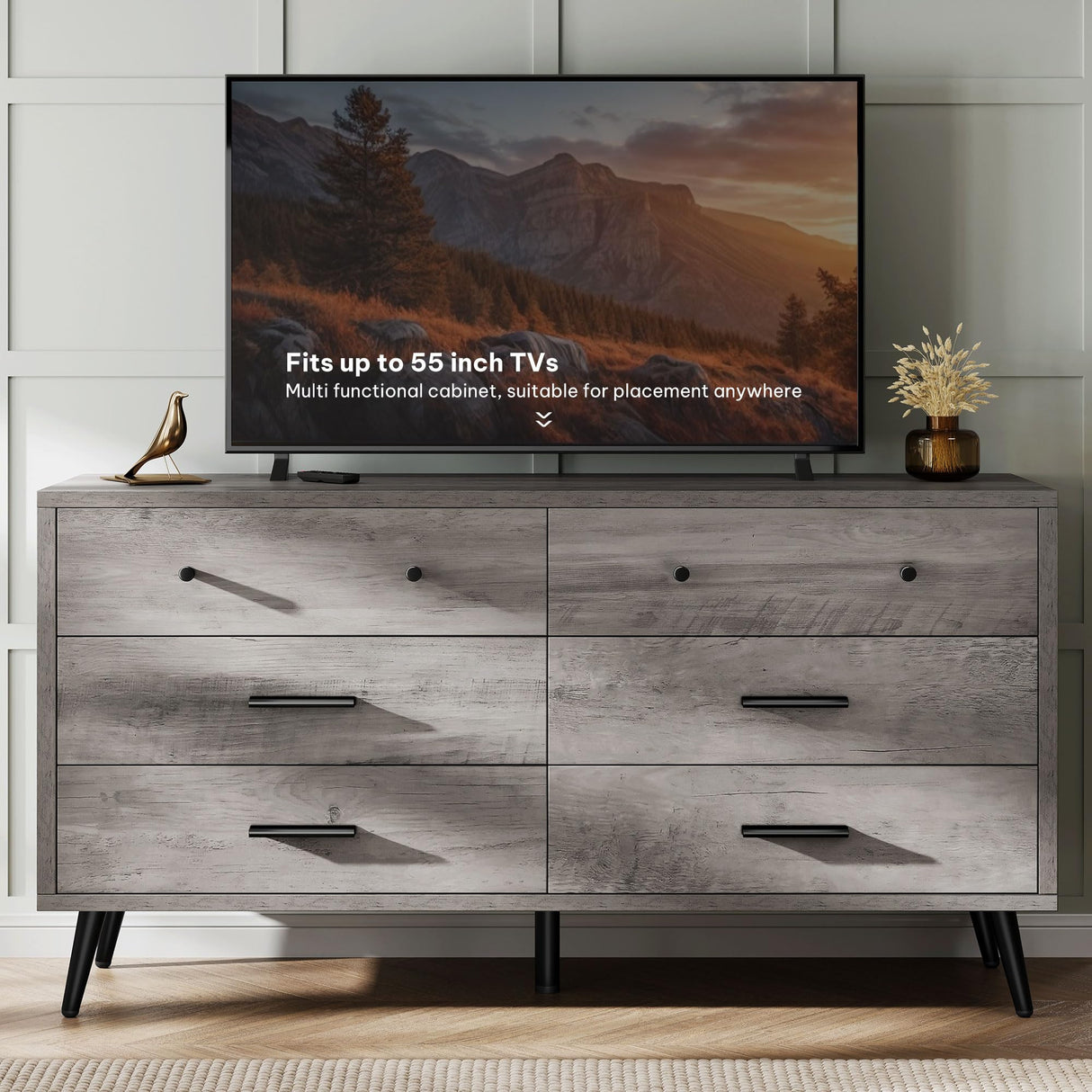 DWVO Grey 6 Drawers Dresser/Modern Wood Chest of Drawers with Black Metal Handle&Anti-Tipping Device/Modern Double Dresser Storage Cabinet for Entryway/Living Room-15.7" Dx55.1 Wx31.1 H DWVO