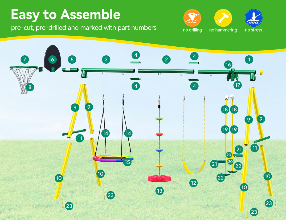 Osoeri Swing Sets for Backyard, 5-in-1 Kids Swing Set, Outdoor Swing Set with Saucer Swing, Glider, Rope Swing, and Basketball Hoop Osoeri