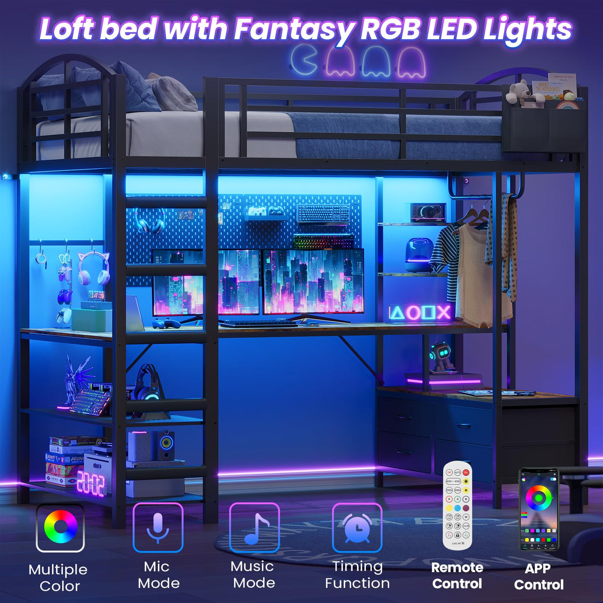 Loft Bed Twin Size with L Shape Desk,4 Drawers,Cloth hanging rack,2-Tier Storage Shelves Metal Loft Bed Frame with Power Outlet and LED Lighted,No Box Spring Needed,Space-Saving,Noise Free (Black) UPOSOJA