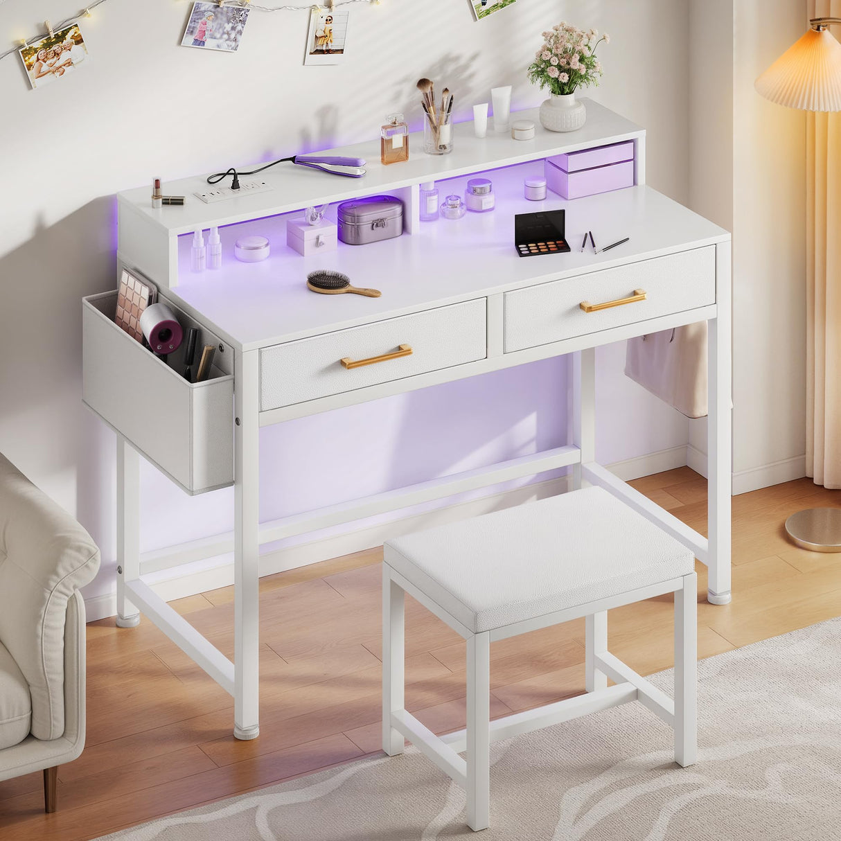 YITAHOME Modern Vanity Desk with Stool, Small Makeup Table with Drawers and RGB Lights, Power Outlet, Interchangeable Side Hook & Side Pocket, No Mirror Design (31.5 x 15.7 x 34.3 Inches, Pearl White) YITAHOME