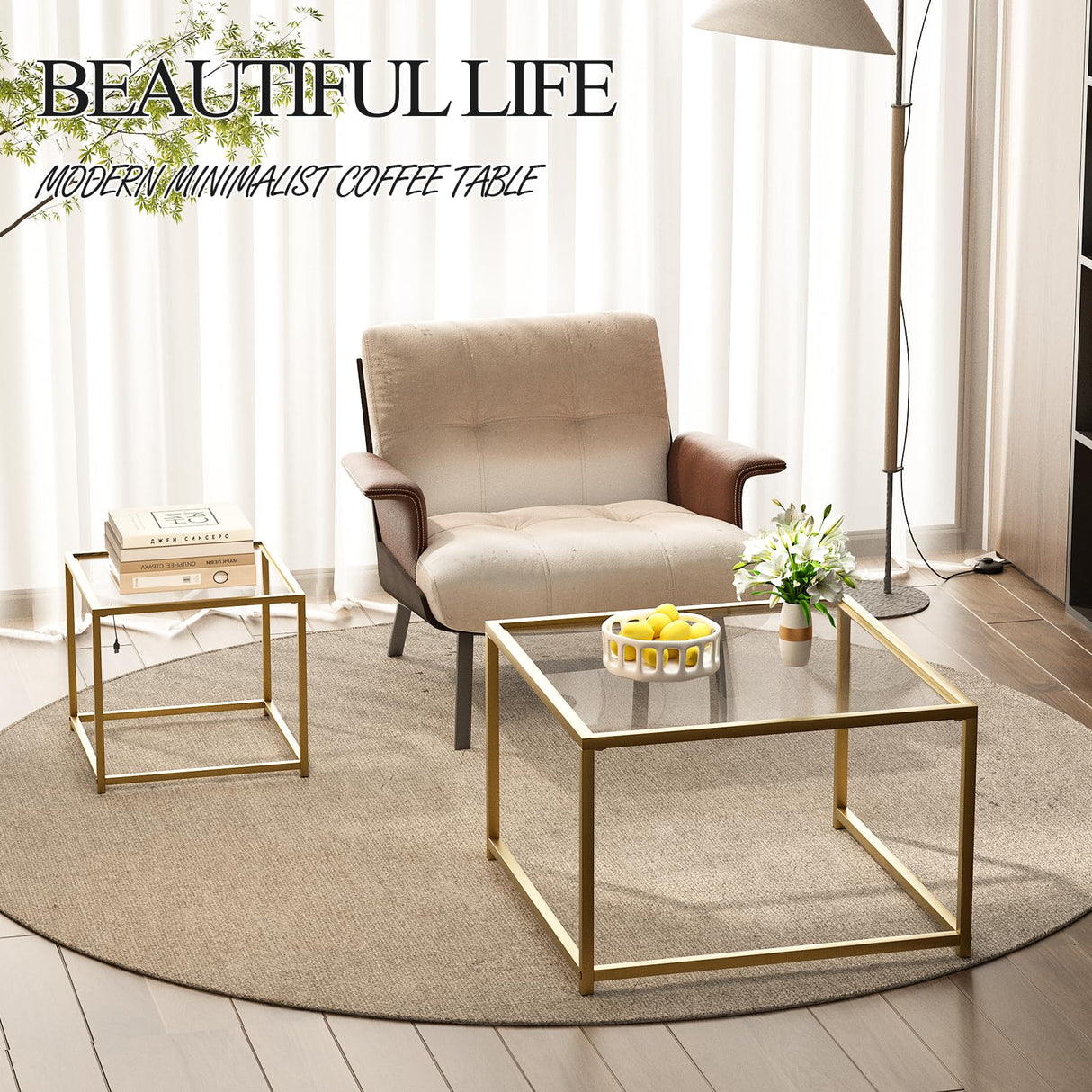 Nesting Coffee Table Set of 2, Gold Glass Coffee Tables, Square Center Coffee Table for Living Room,Nesting Tables with LED Lights for Home, Office, Bedroom, Tempered Glass-top with Sturdy Metal Frame Adompacat