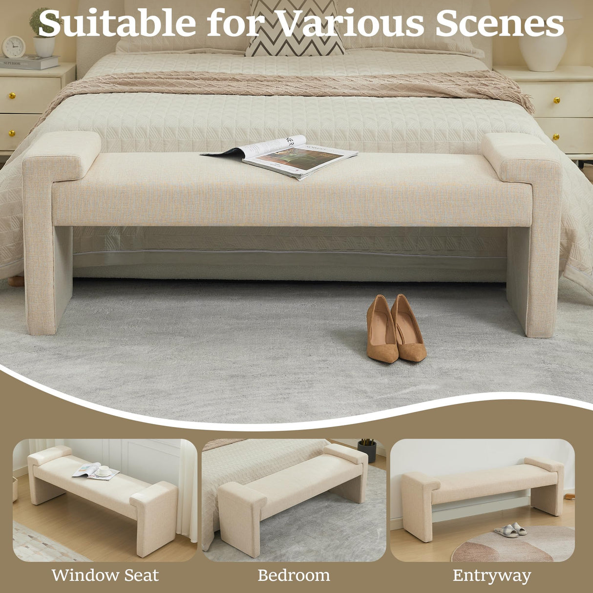 WUTUTUEE 58.7" Linen End of Bed Bench Upholstered Modern Bedroom Bench for Living Room & Entryway, Easy Assembly, Footrest Ottoman Accent Window Bench with Solid Wood Frame & Curved Arm, Tan WUTUTUEE