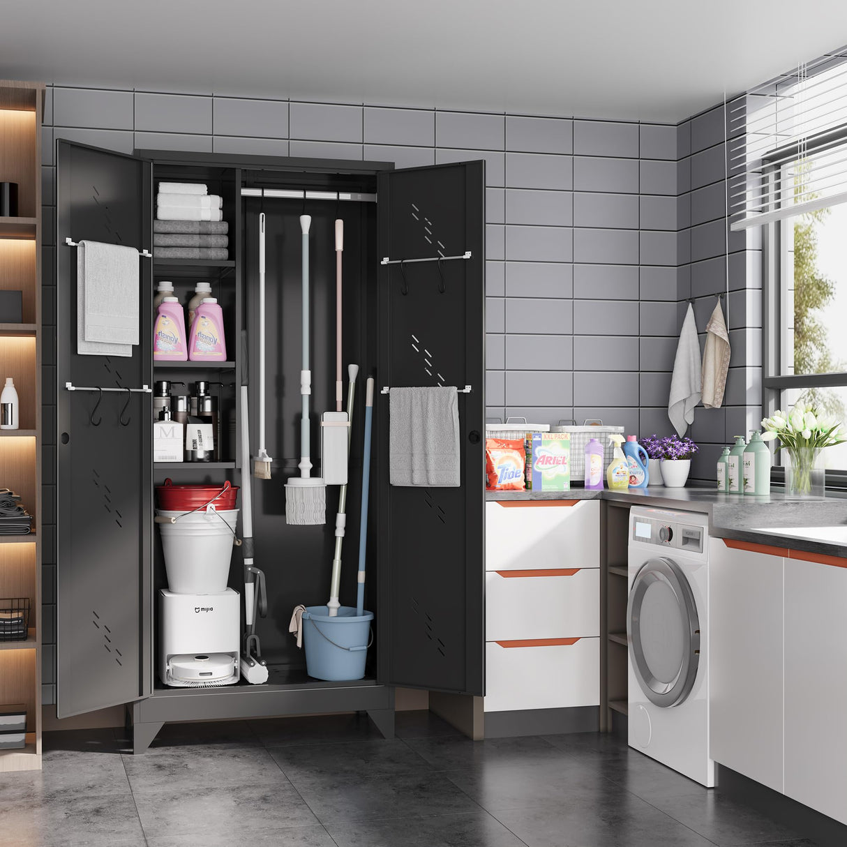 METALREAD 75" Metal Storage Cabinet, Tall Broom Cabinet, Garage Cabinets with Locking Doors, Black Outdoor Utility Broom Closet Storage Cabinets for Office, Bathroom, Warehouses METALREAD