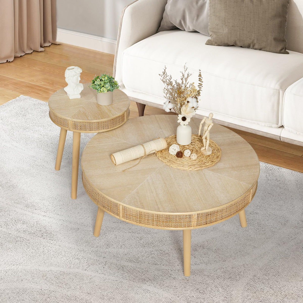 Wnutrees Farmhouse Round Coffee Table, Rustic Sofa Side Tea Tables Nes ...