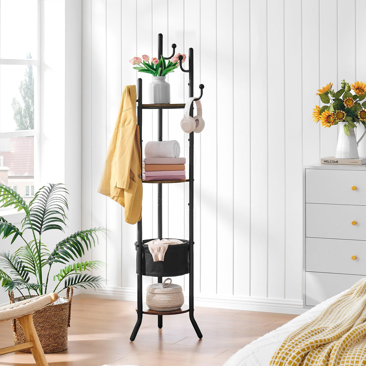 Hoctieon Coat Rack Freestanding, Round Coat Rack with 3 Wooden Shelves and 1 Fabric Basket, Metal Clothes Tree with 5 Hooks, Coat Hanger Stand for Clothes, Hats, Bags, Brown and Black Hoctieon