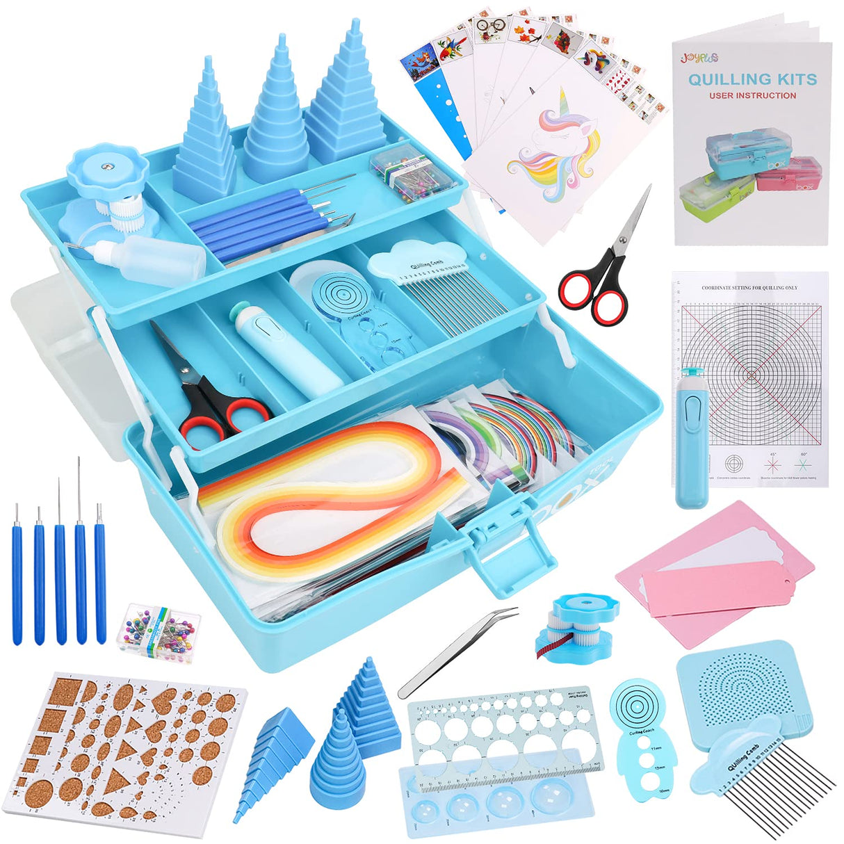 JoyPlus Quilling Kits for Beginners with Manual, 24 Tools & Supplies with Durable Storage Box, Updated Paper Crimper Tool, Premium Husking Board & Electronic Pen Blue JoyPlus