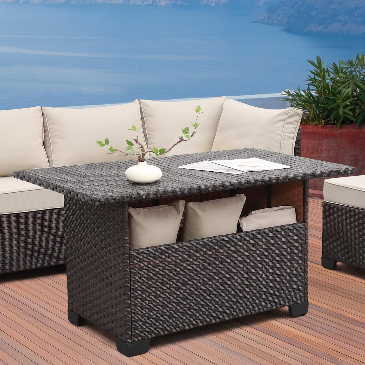 WAROOM Outdoor PE Wicker Coffee Table - Patio Rattan Garden Furniture Multi-Functional Storage Tea Dining Table, Dark Brown WAROOM