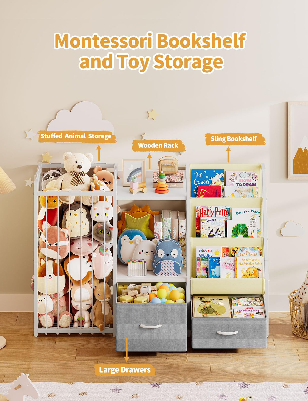 Twinkoo Kids Bookshelf and Toy Storage, Large 3 Tier Book Shelf for Kids Rooms, Sling Baby Bookcase with Stuffed Animal Storage, Toddler Montessori Bookshelf for Nursery, Playroom, Kindergarten Twinkoo