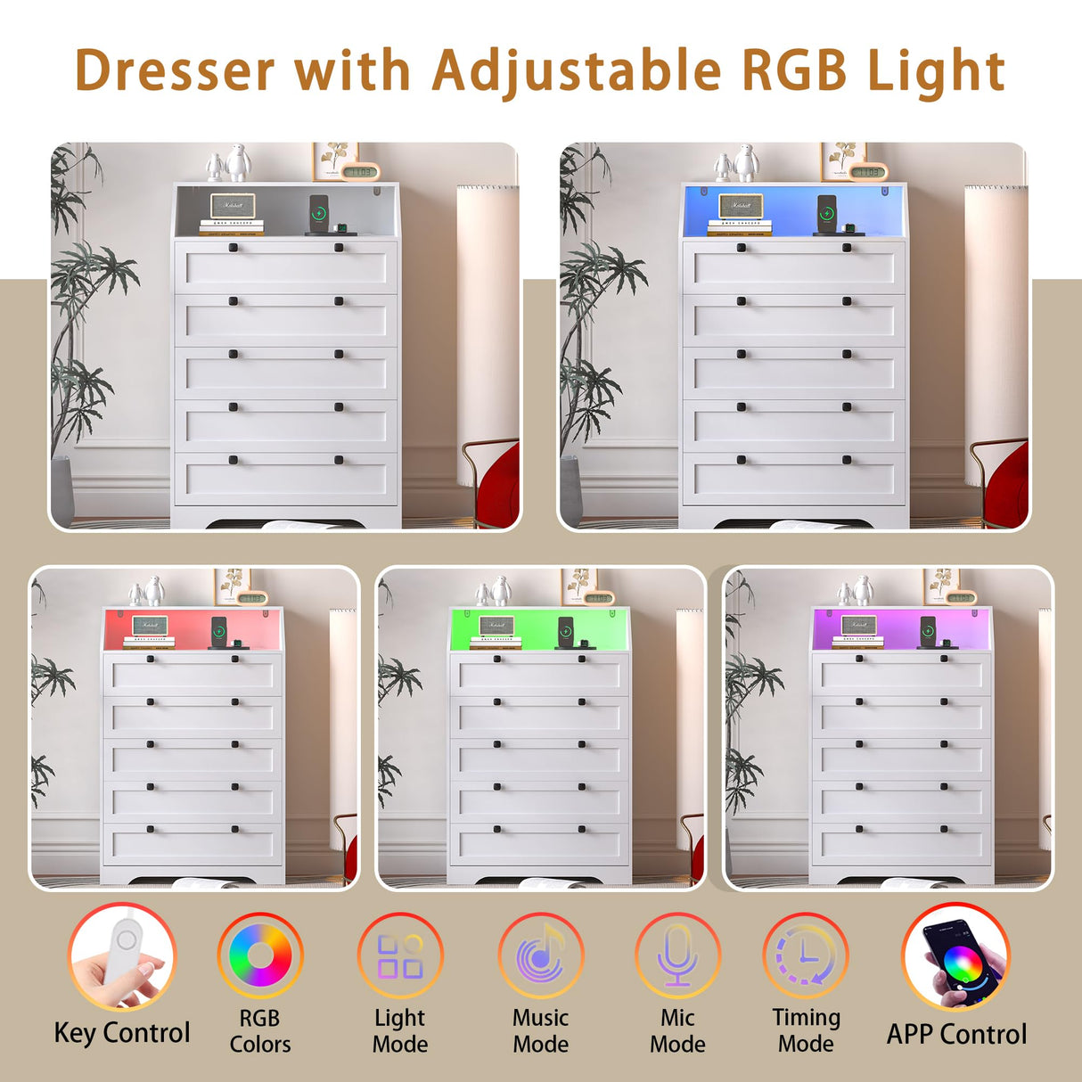 Wodeer White Dresser Tall 5 Drawer Dresser for Bedroom, Wood Chest of Drawers with LED Lights, Charging Station, Metal Handles, Modern Storage Cabinet and Organizer Drawers for Living Room, Hallway