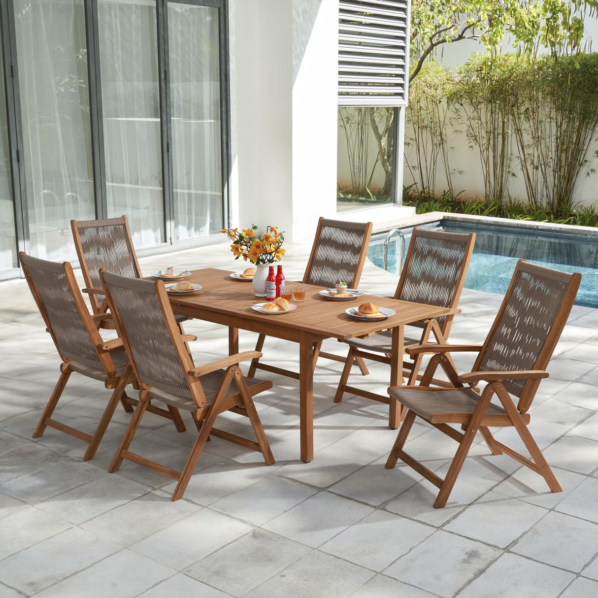OC Orange-Casual 7 Pieces Patio Dining Set Outdoor Furniture with 6 Foldable Acacia Wooden and Rope Chairs and Large Table for Outdoor,Yard, Garden, Porch,Beige OC Orange-Casual