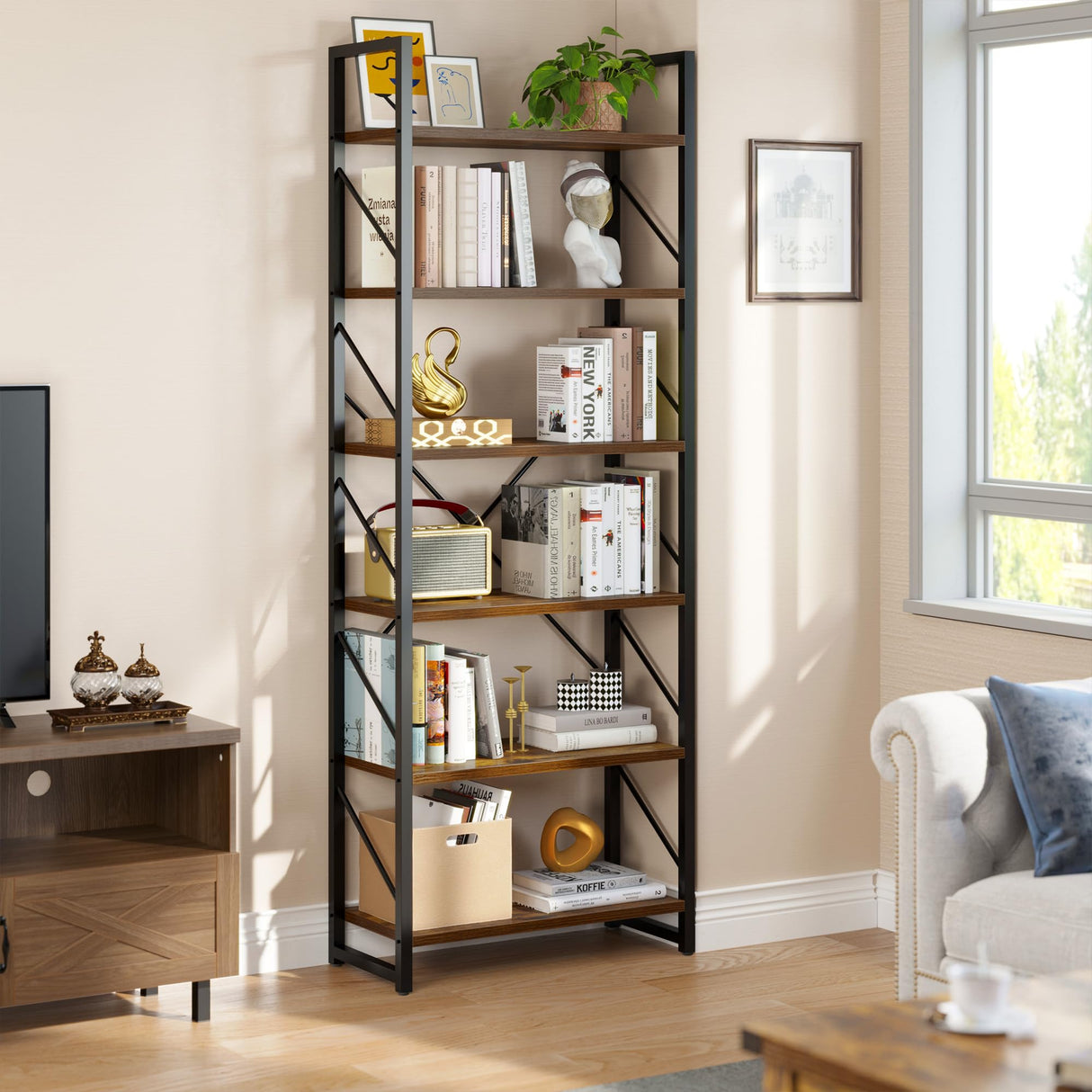 YITAHOME Rustic Brown 6-Tier Industrial Bookshelf - Open Display Storage Rack for Home and Office YITAHOME
