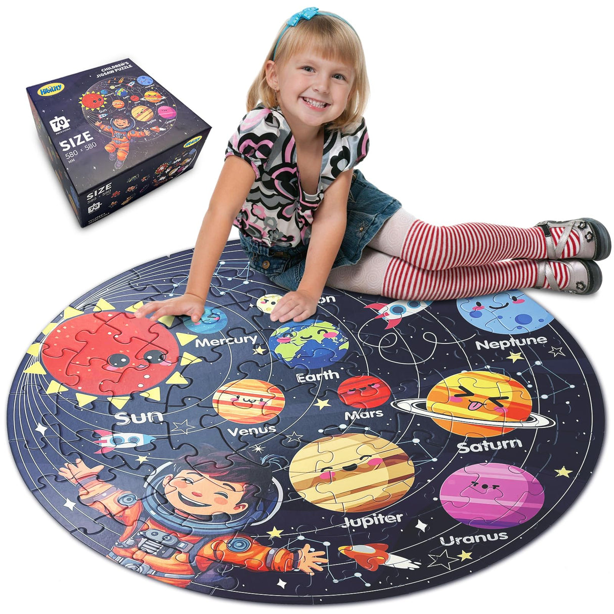 Hibility Puzzles for Kids Ages 4-6, 6-8, 3-5, Large 70 Piece Round Floor Jigsaw Puzzle Toys with Solar System Planets, Education Kids Puzzles Learning Gift for Christmas Hibility