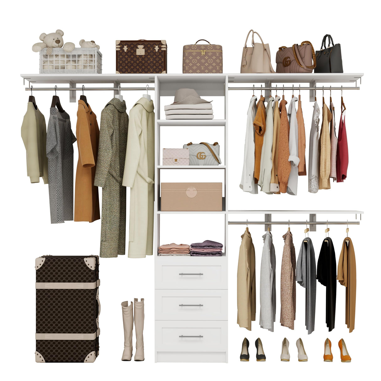 secilix Closet System with Drawers, 5-8FT Closet Organizer Systems with Expandable Hanging Rods, 96" Closet Shelving Systems for Walk in Closets, Heavy Duty Wall Mount Closet Systems-White secilix