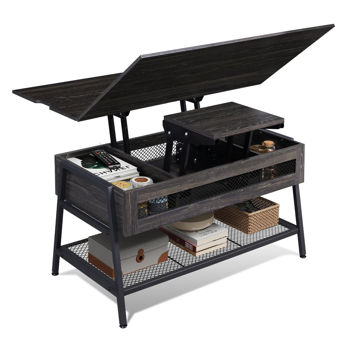 WLIVE Lift Top Coffee Table, 3 in 1 Multi-Function Coffee Table with Storage, Hidden Compartment and Metal Frame, Coffee Table Converts to Dining Table for Living Room Home Office, Charcoal Black WLIVE