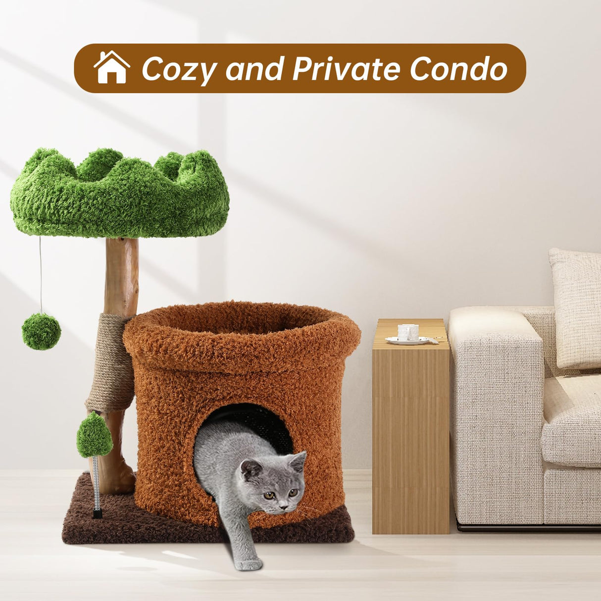 Small Cat Tree for Indoor Cats Large Adult, Cats Climbing Tower with Scratching Post, Cat Condo, Green Wood Cats Tree, Flower Cat Trees, Modern Cute Cat Tree with Dangling Ball (Mnit Green) Yungaspy