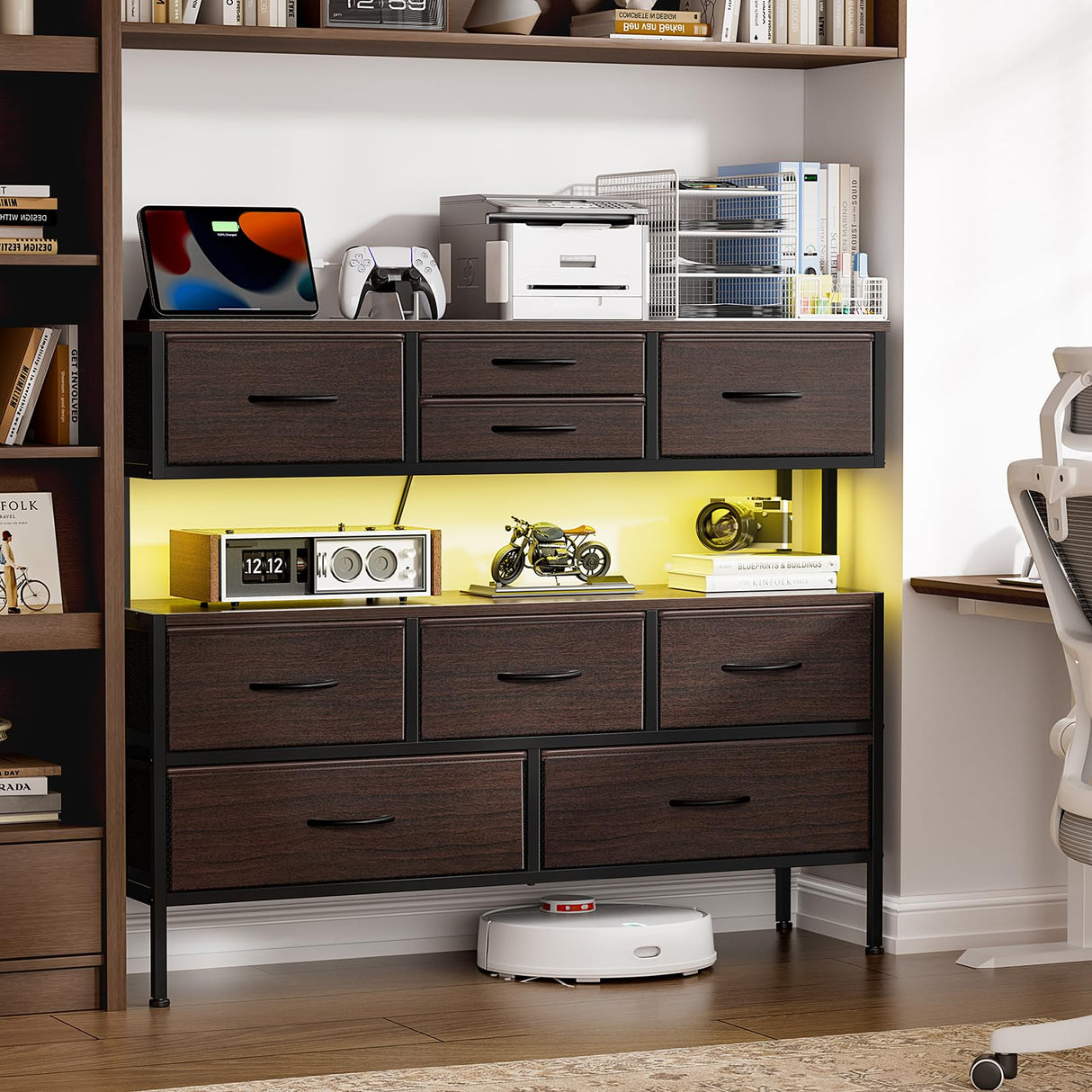 REAHOME Dresser TV Stand with Charging Station and LED Lights, 55” TV Stand with 9 Drawers, Fabric Dresser for Bedroom, Steel Frame, Large Storage Chest of Drawers for Closet, Living Room, Brown REAHOME