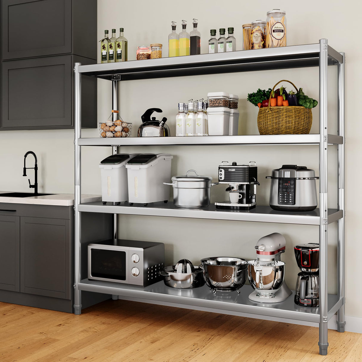 YITAHOME Stainless Steel Shelves, 60"*18"*60" 4 Tier Storage Shelf, Heavy Duty Shelving for Kitchen Garage Office Restaurant Warehouse YITAHOME