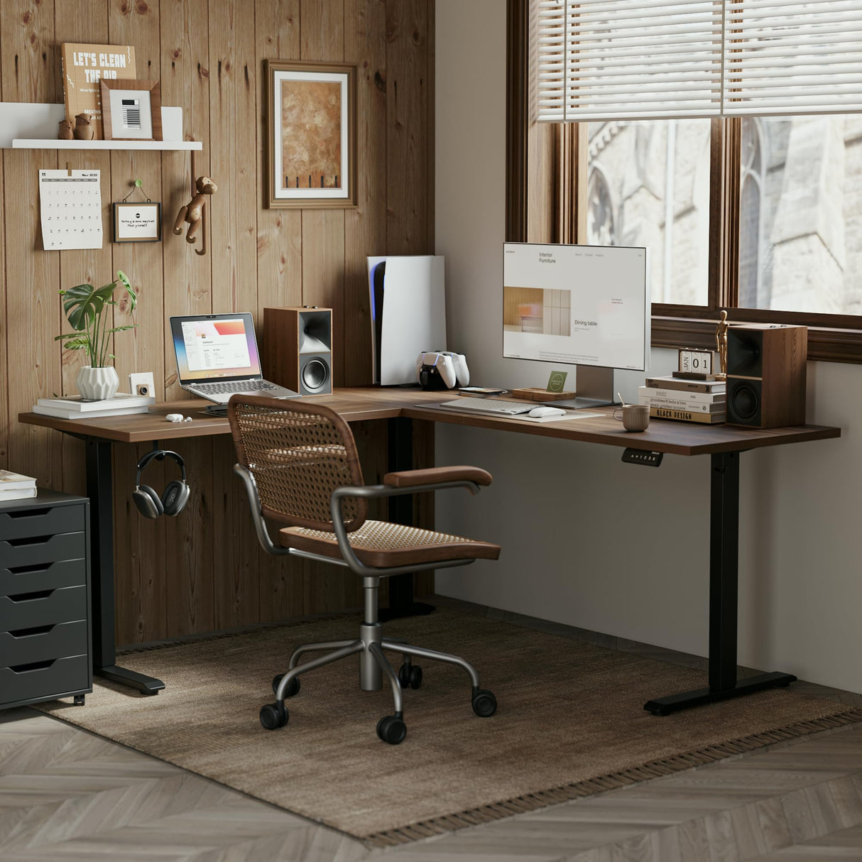 Agilestic L Shaped Standing Desk Adjustable Height, Electric Corner Standing Desk, 63 x 55 inch Sit Stand Computer Table with Splice Board, Dark Wlalnut Agilestic