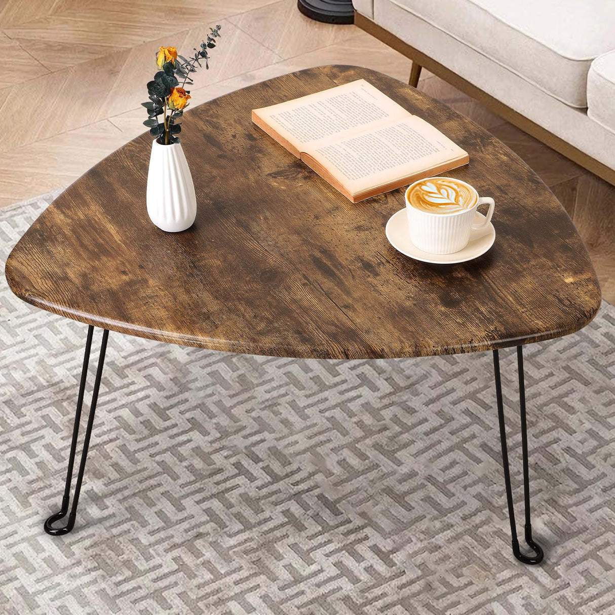 FEUFOAM Folding Coffee Table Triangle Designs Oval Coffee Tables Mid Century Wooden Triangular Accent Table with Metal Legs Foldable Industrial Sofa Center Table for Living Room Space Saving FEUFOAM