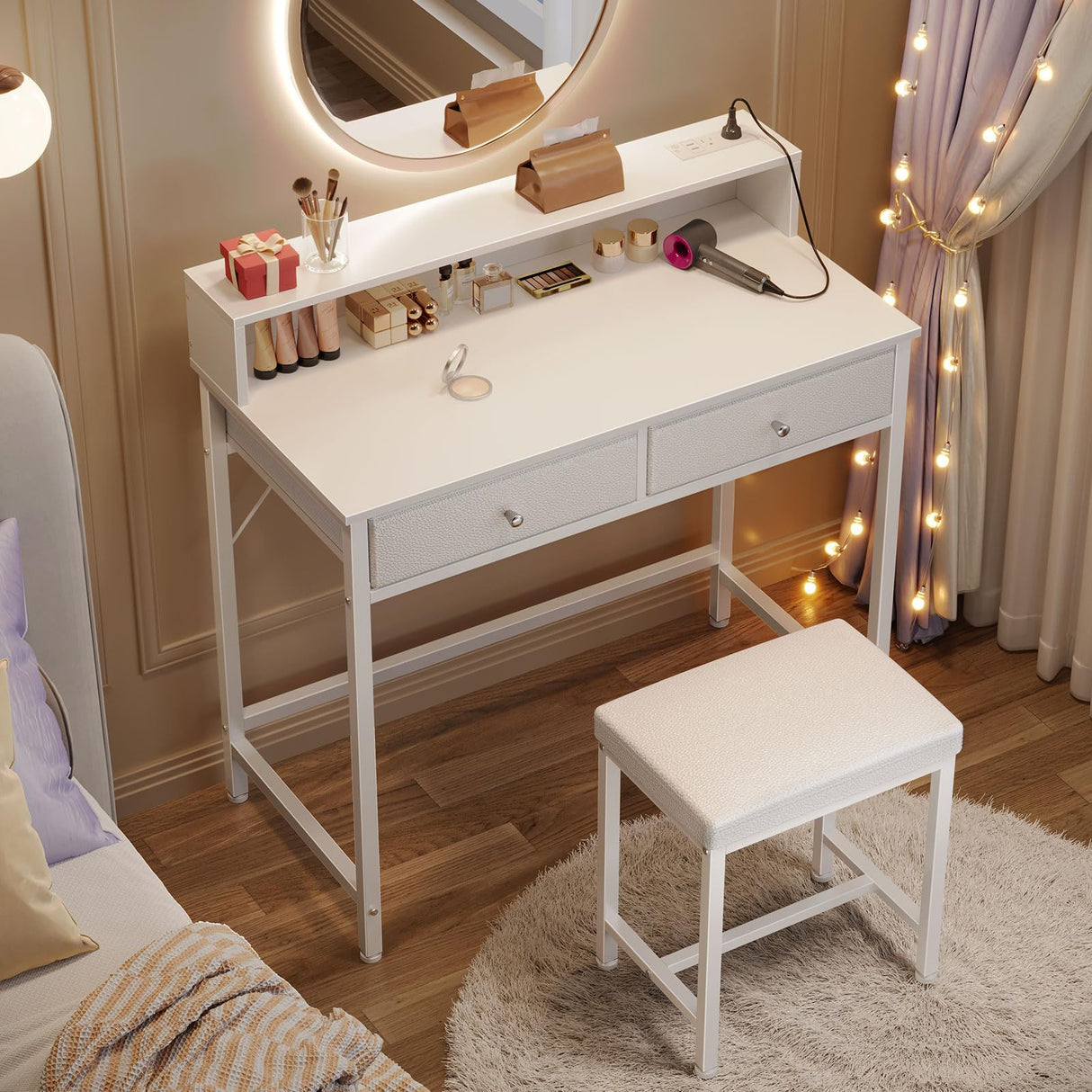 Seventable Vanity Desk without Mirror, Makeup Vanity with Drawers and Charging Station, Small Desk with Storage for Bedroom, Simple Home Office Computer Desk for Small Spaces, White Seventable