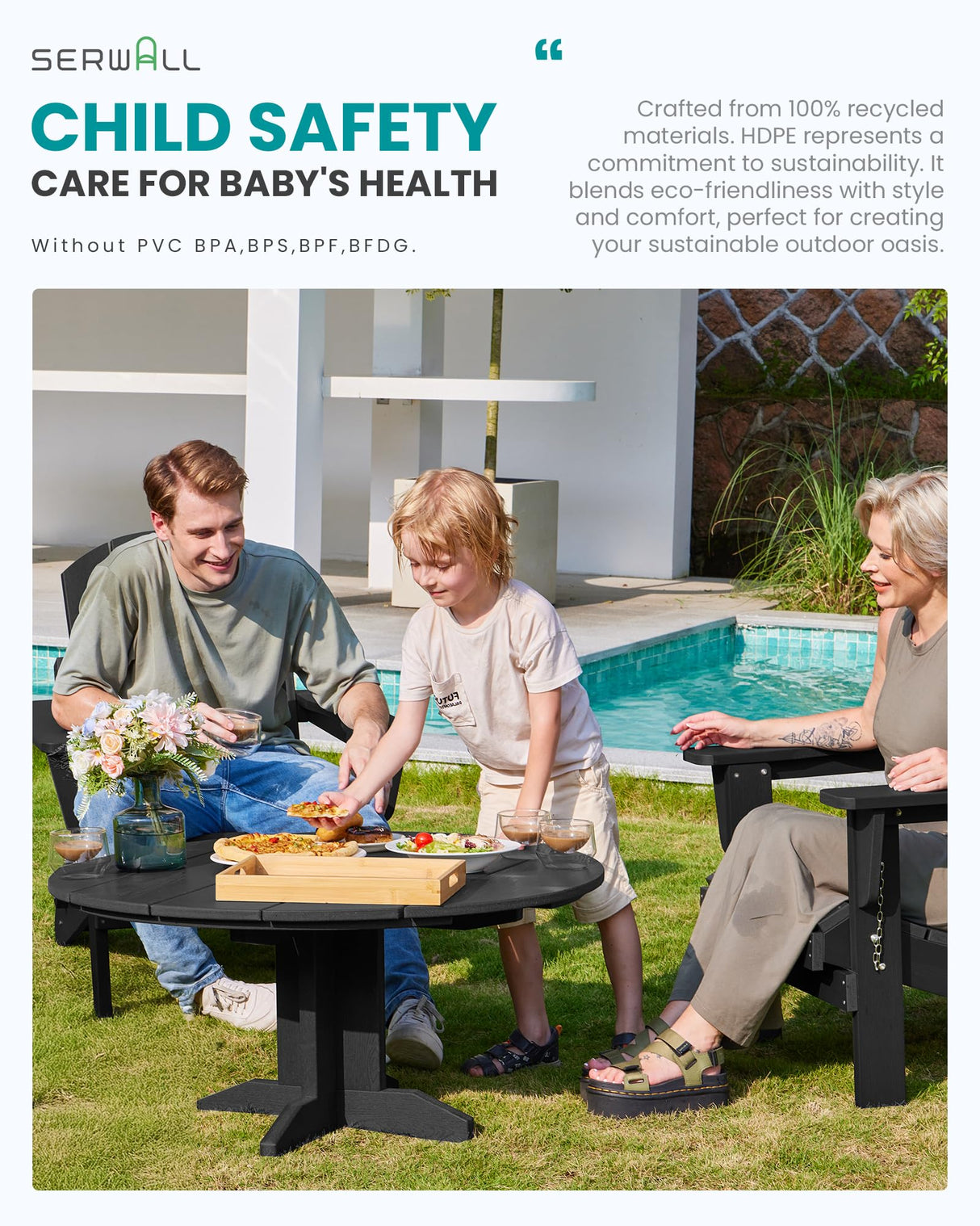 SERWALL Outdoor Coffee Table, HDPE Patio Round Coffee Table for Balcony, Garden, Backyard (Black) SERWALL