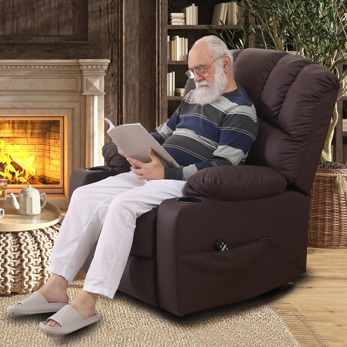 DURASPACE Power Lift Recliner Electric Lift Massage Recliner Chairs with Heat, Large Shell Faux Leather Backrest Lift Chair Recliners for Elderly, Seniors (Brown) DURASPACE