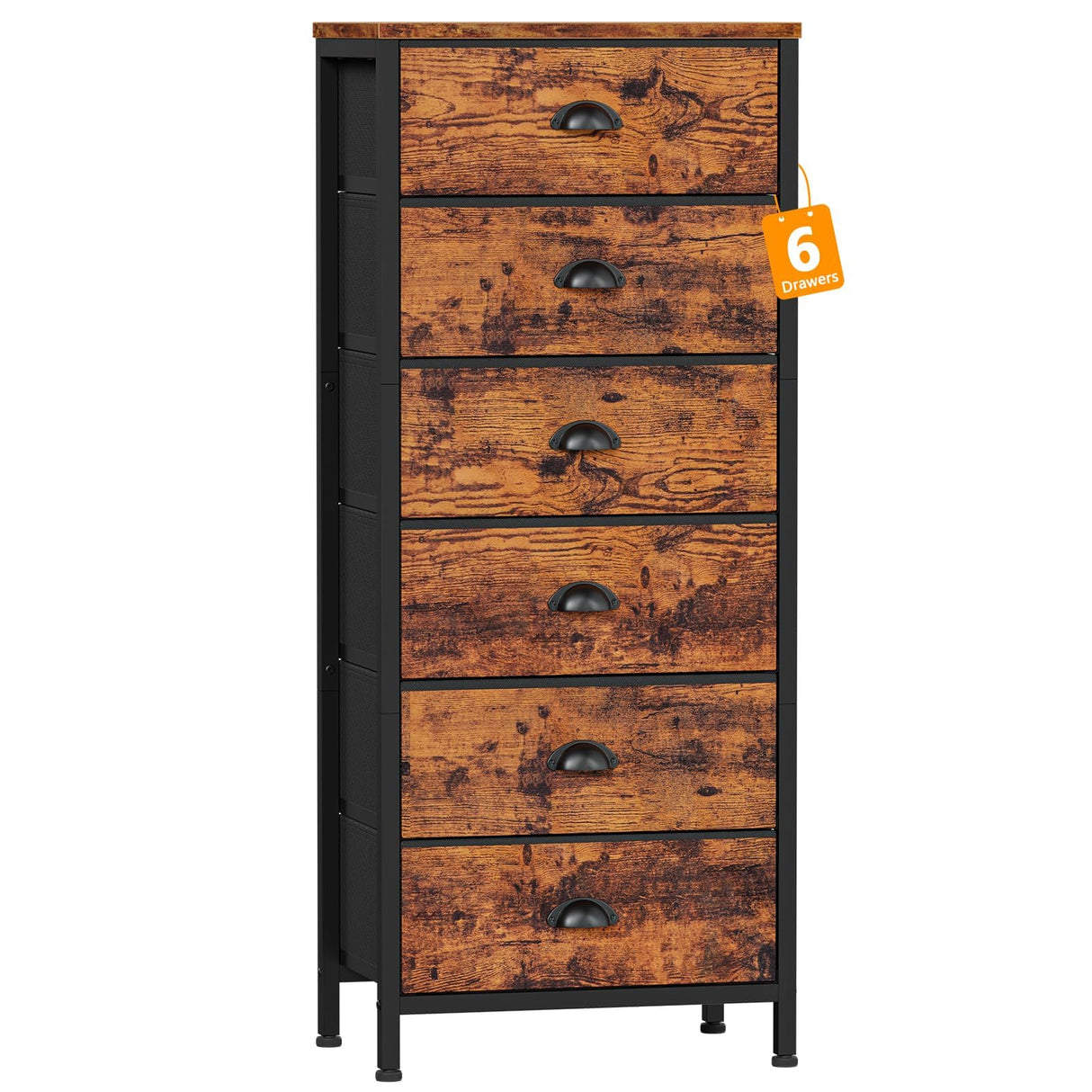 Furnulem Tall Dresser with 6 Drawers,Vertical End Table and Nightstand for Bedroom,Industrial Dorm Bedside Furniture with Fabric Storage Drawer Organizer in Living Room,Closet,Entryway(Rustic Brown) Furnulem