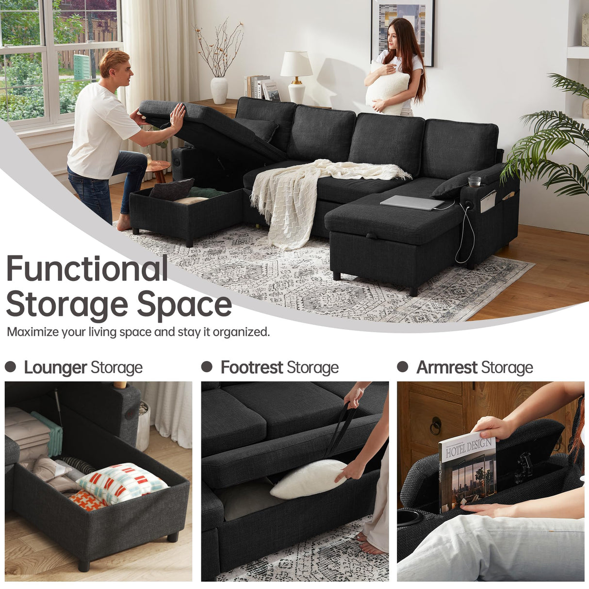 DURASPACE Sofa Bed Pull Out Couch Sleeper with Double Storage Chaise, U Shaped Convertible Sectional Sleeper Sofa for Living Room with USB Charging Ports, Cup Holder (Dark Gray) DURASPACE