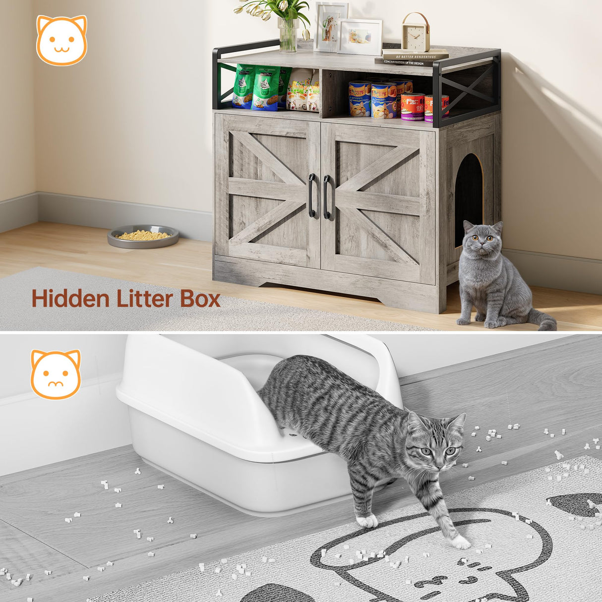 OtterOasis Cat Litter Box Enclosure, Ultra-Large Hidden Litter Box Furniture with Top Opening, Anti-Tipping Fence and 2 Open Drawers, Litter Box Cabinet End Table, Grey OtterOasis