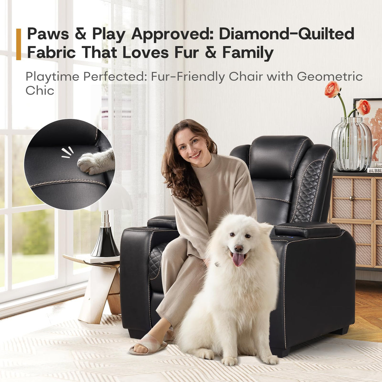 ANJ Power Theater Recliners Set of 3, Electric Home Theater Seating, Black Faux Leather Recliner with Adjustable Headrest, Movie Recliner Theater Chairs with LED,USB, Cup Holders, Hidden Arm Storage ANJ