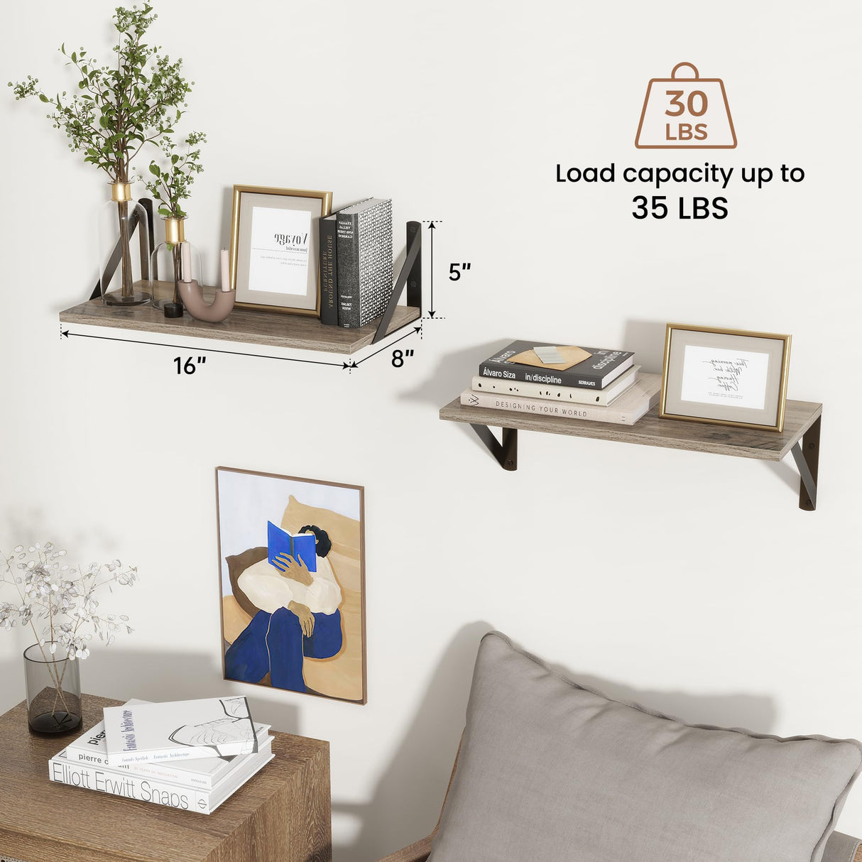 Axeman Floating Shelves for Wall, 16W x 8D Floating Shelves Set of 2, 8 Inch Deep Rustic Grey Wood Wall Mounted Shelves for Farmhouse Bookshelf Living Room Bedroom Axeman