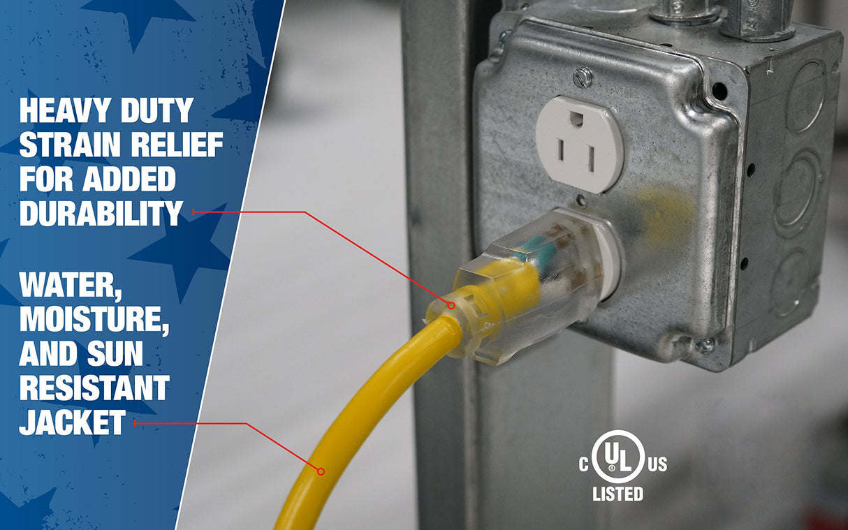 Southwire Outdoor Extension Cord, 50 Ft, 12 gauge 3 prong, Heavy Duty, SJTW Cord, Yellow, 2588 Southwire