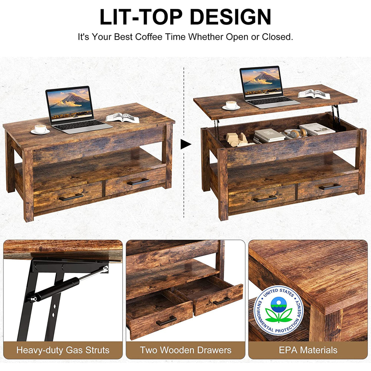 FABATO 41.7'' Lift Top Coffee Table with 2 Storage Drawer Hidden Compartment Open Storage Shelf for Living Room Dining Table Reception Room Rustic Brown FABATO