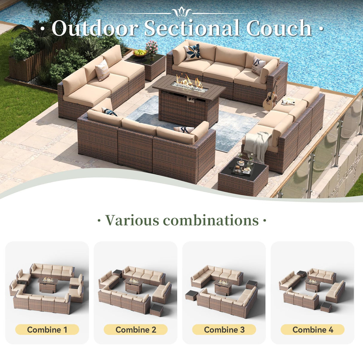 Aoxun 15 Piece Patio Furniture Set with 44” Fire Pit Table Wicker Rattan Outdoor Sectional Sofa Set with Coffee Table and Thickened Cushions, Beige (Waterproof Cover Included) Aoxun
