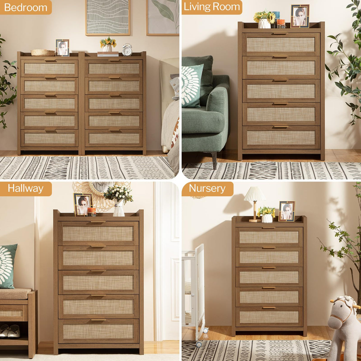 SICOTAS Dresser for Bedroom Chest of Drawers Tall Dresser with 5 Rattan Drawers Wood Dresser for Closet Boho Clothes Storage Tower Large Nightstand Sets for Living Room Hallway Nursery Entryway (2PCS) SICOTAS