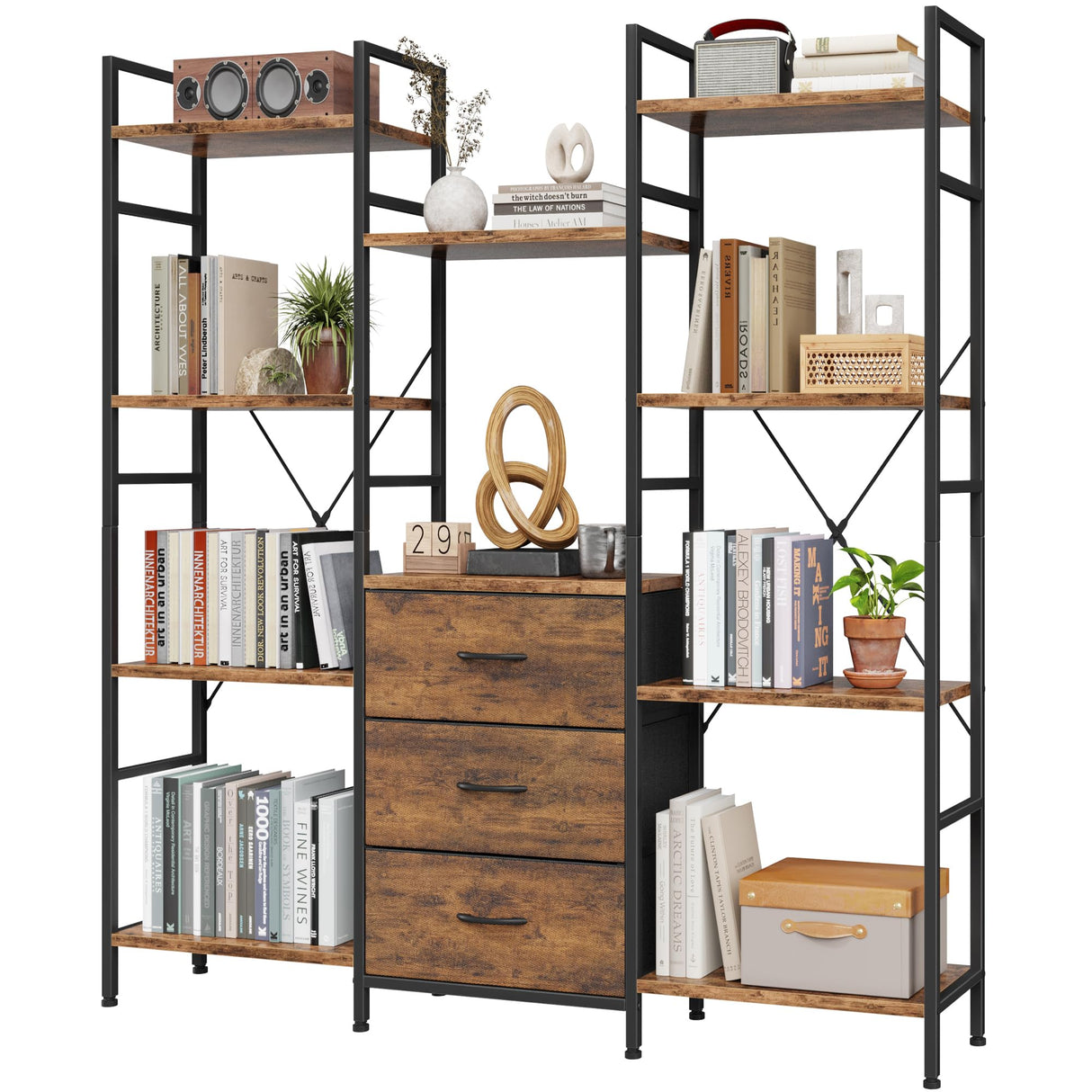 AFLUI Triple Bookshelf with 3 Fabric Drawers, 4-Tier Book Shelf and 10 Display Shelves, Industrial Large Bookcase for Home & Office, Rustic Brown, 47'' Wide AFLUI