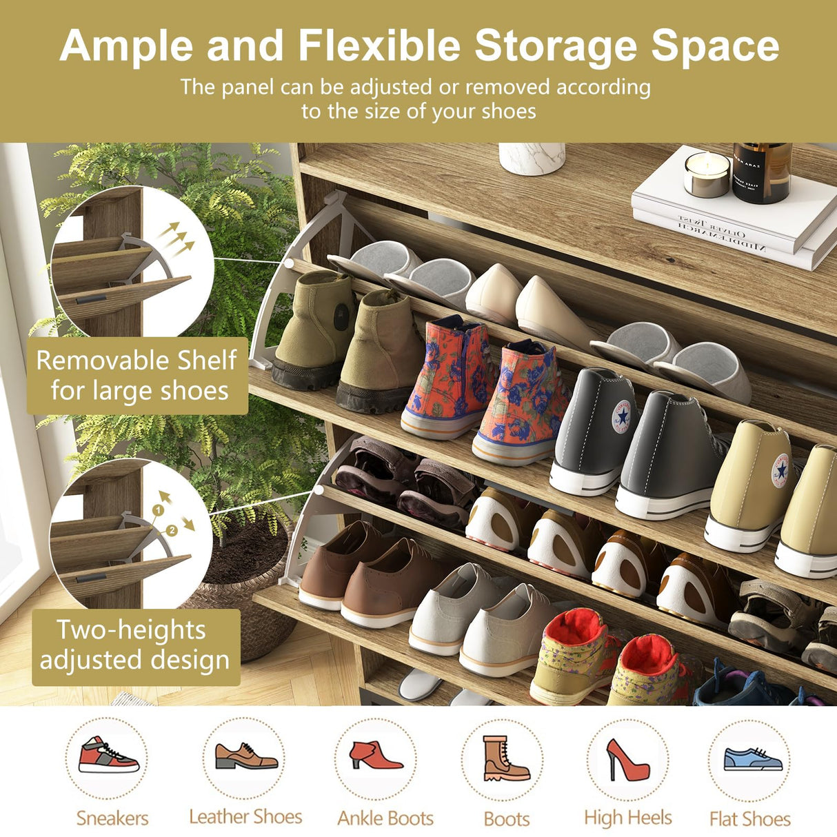 VERYKE Shoe Cabinet for Entryway,Slim Hidden Shoe Storage Cabinet with 2 Flip Hollowed Drawers, Wood Narrow Shoe Organizer Cabinet with Bottom Cubby and Metal Leg for Hallway,Closet VERYKE