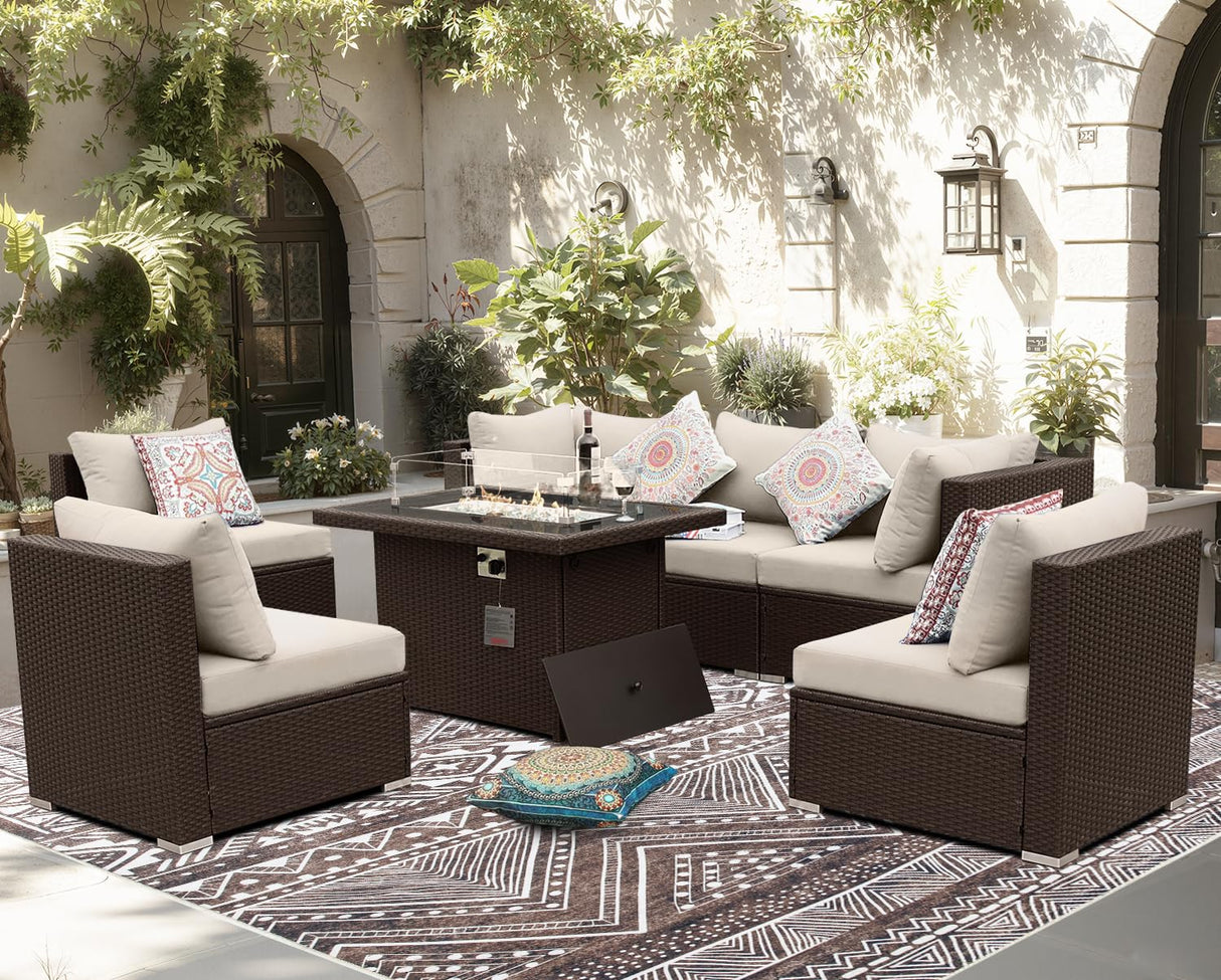 BULEXYARD 7 Pcs High Back Patio Furniture Set with Fire Pit Table Propane/Natural Gas Dual Fuel, All-Weather Outdoor Sectional Couch, Comfy Backyard Seating for Exterior, Brown Wicker & Beige Cushion BULEXYARD