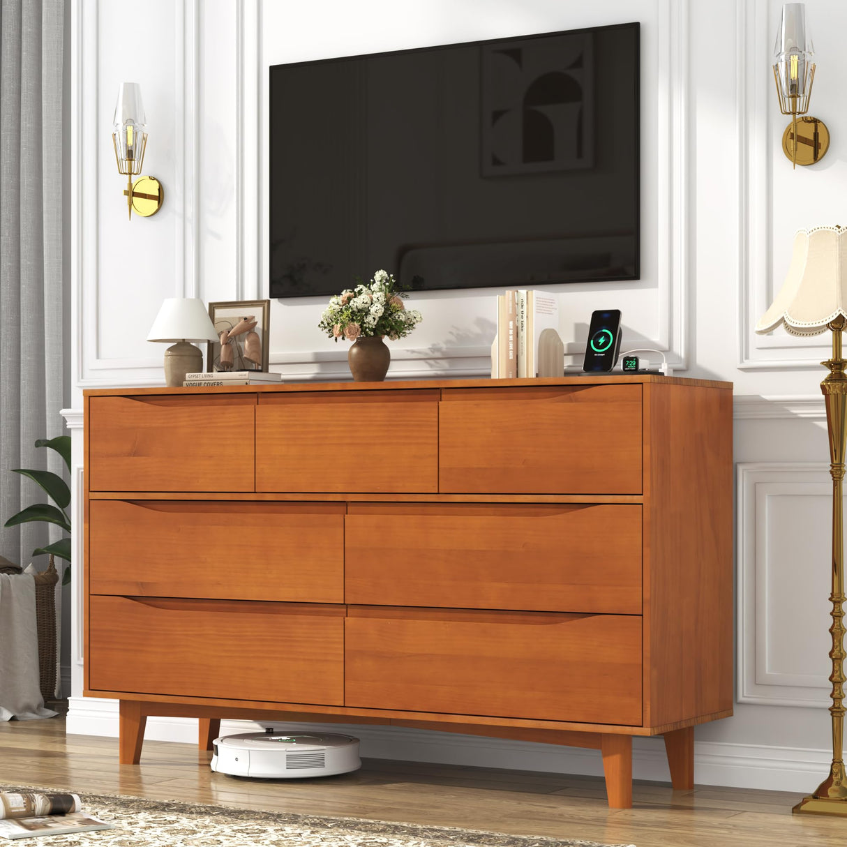 chartustriable 55”Solid Wood Drawers Dresser with Power Outlets, 7 Drawer Dresser for Bedroom, Mid Century Modern Vintage Large Chest of Dresser for Hallway, Entryway,Cutout Handle, Caramel chartustriable