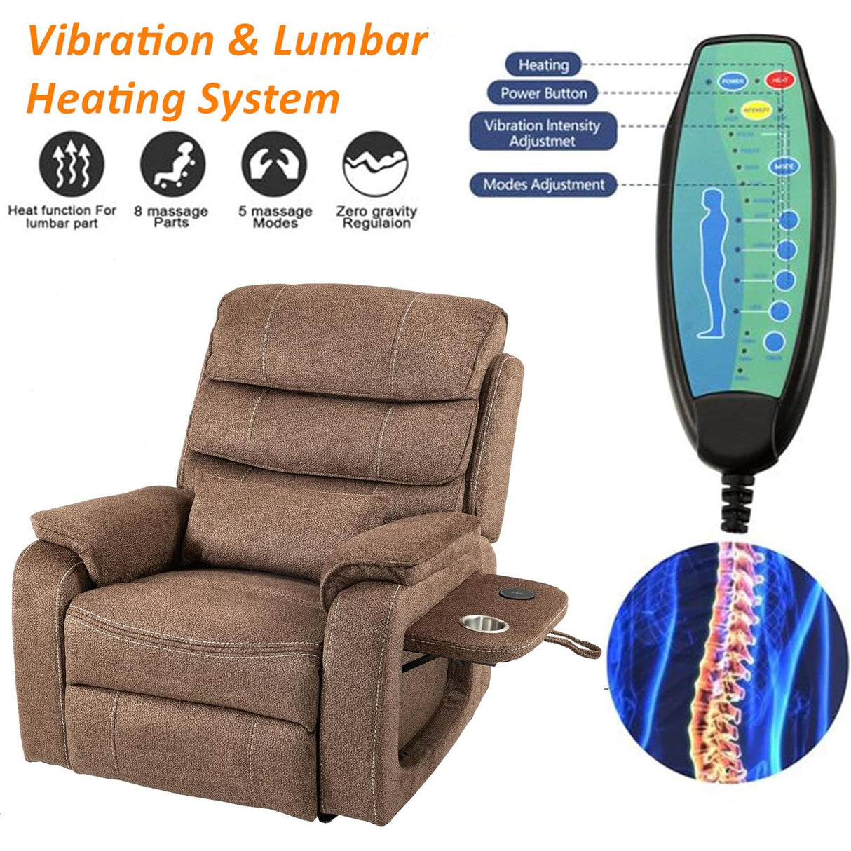 Brown Recliner Chair for Elderly | Tall and Big Man 400lbs | Chenille | Power Lift, Lay Flat, Stand Up, Wireless Charging Device, Extended Footrest, Massage Heat, Cup Holder, Lumbar Pillow LITVZ