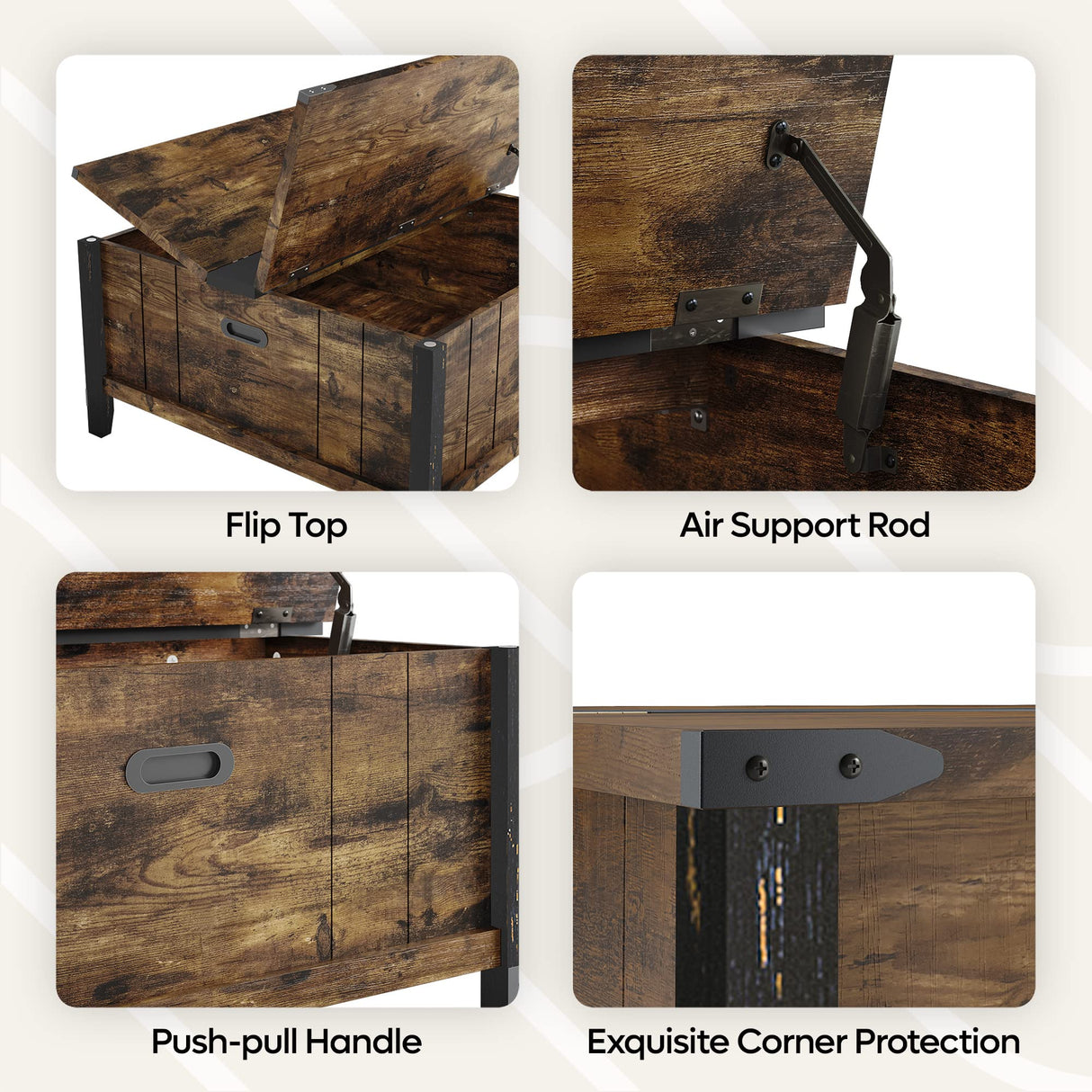 Bestier Farmhouse Coffee Table, Square Wood Center Table with Large Hidden Storage Compartment for Living Room, Rustic Cocktail Table with Hinged Lift Top for Home,Rustic Brown Bestier