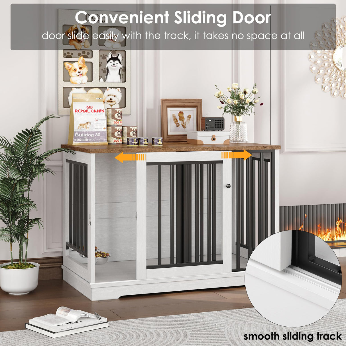 Dog Crate Furniture 47" Large Dog Kennel for Dogs Indoor, Heavy Duty Dog Cage with Sliding Door and 2 SUS Bowls Wooden End Table in Living Room for Small Medium Large Dogs, White TTVIEW