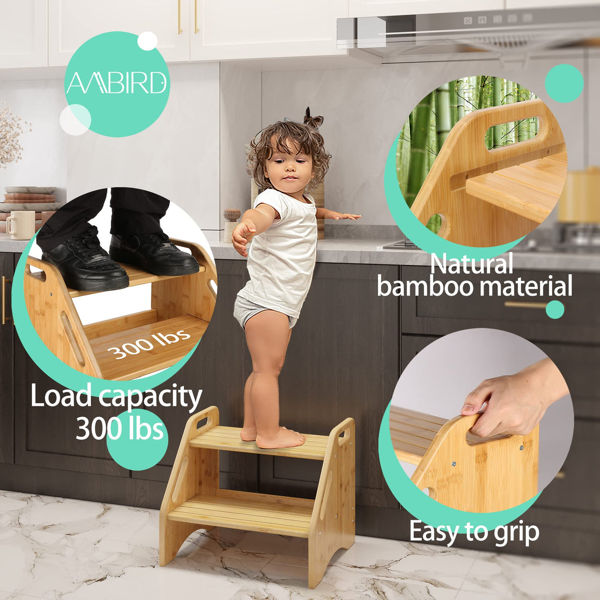 AMBIRD Wooden Step Stool, Two Step Stools Toddler 300 lbs Capacity with Safety Non-Slip Pads and Handles, Bamboo Step Stool for Bathroom, Kitchen Dual Height Step Stools for Kids (Natural) AMBIRD