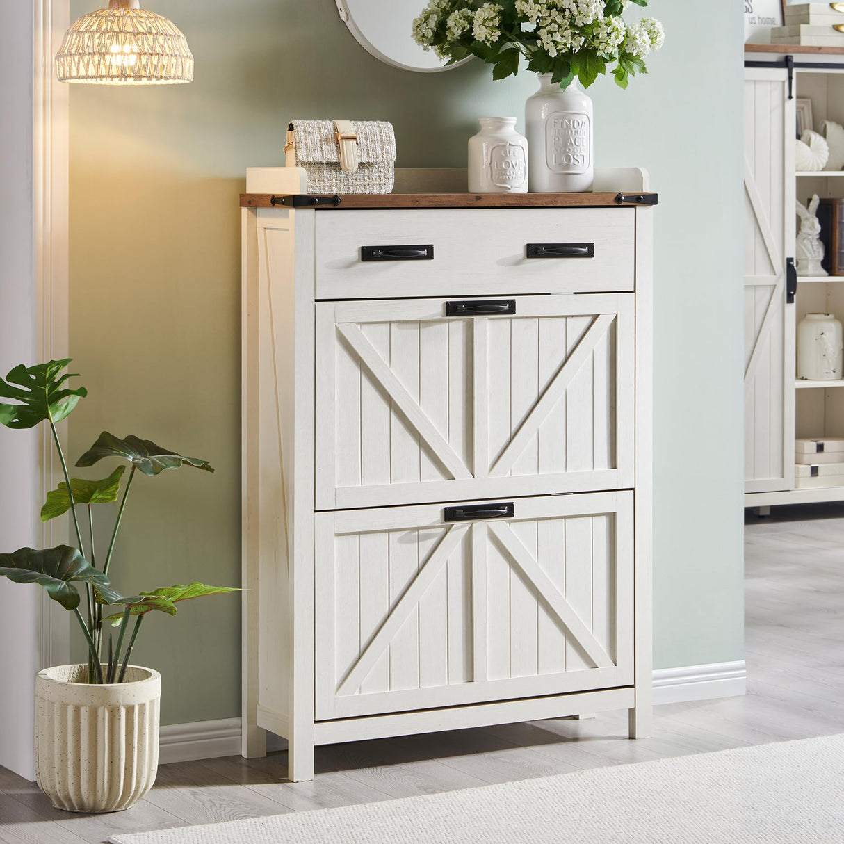 OKD Shoe Storage Cabinet with 2 Flip Drawers, Farmhouse Entryway Shoe Organizer with Drawer, Freestanding Rustic Hidden Shoe Rack Cabinet for Entryway, Antique White OKD