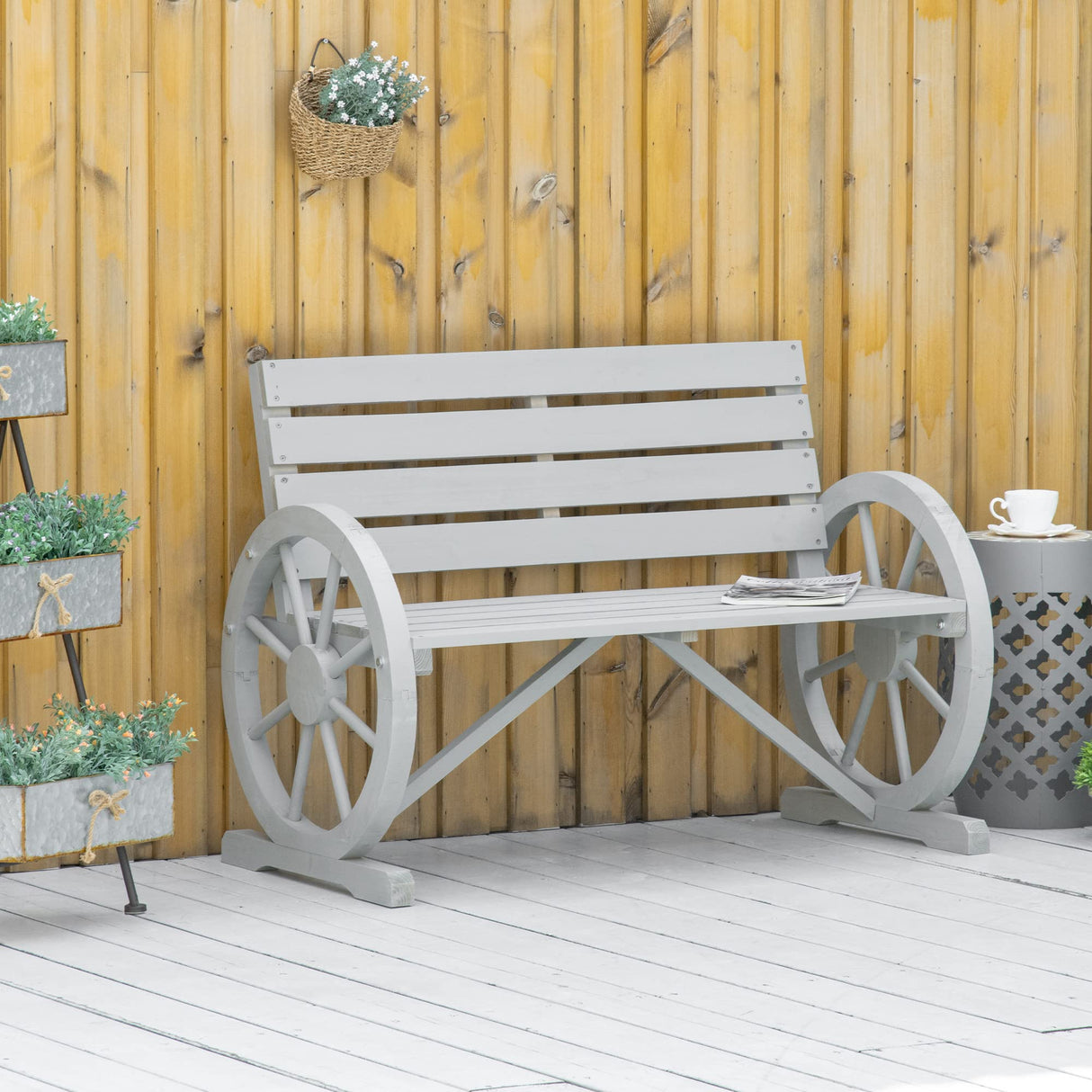 Rustic Charcoal Grey Wooden Wagon Wheel Bench for Outdoor Comfort Outsunny
