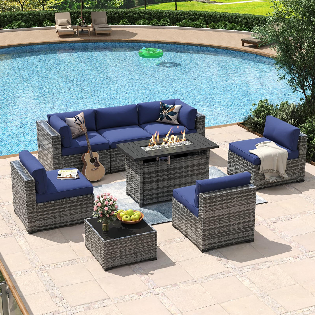 Aoxun 8 Piece Patio Furniture Set with 44” Fire Pit Table Paito Conversation Set Wicker Rattan Outdoor Sectional Sofa Set with Waterproof Cover and Thickened Cushions (Grey/Blue) Aoxun
